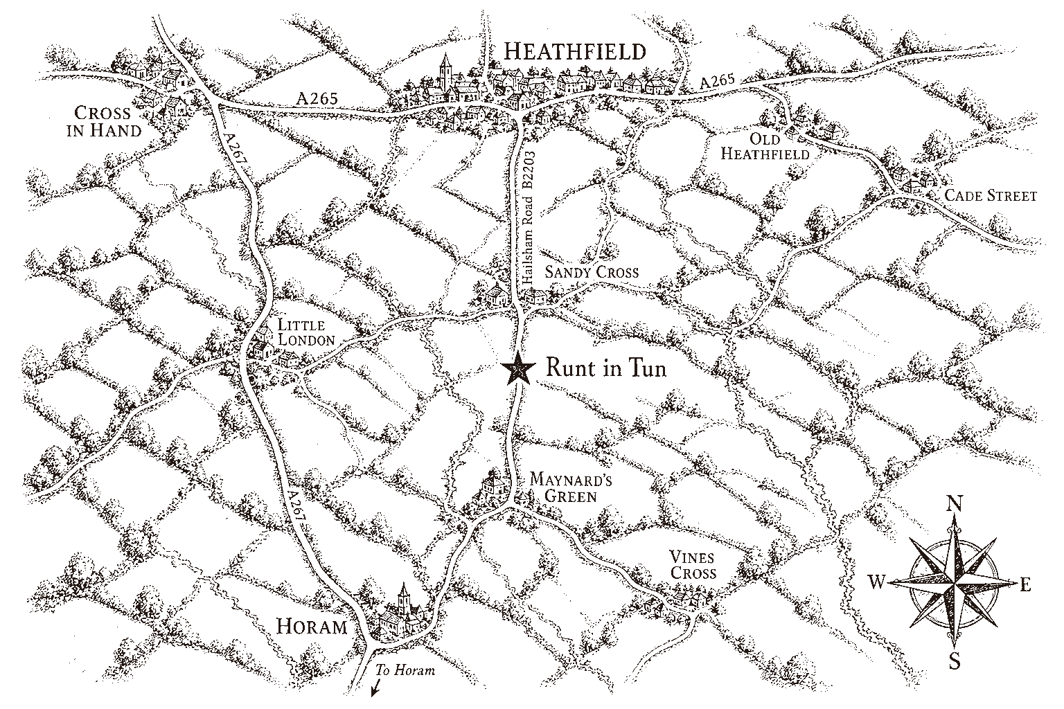 Hand-drawn map of Heathfield and Horam: The Runt in Tun on the B2203 between Heathfield and Maynard's Green, with the A265 and A267